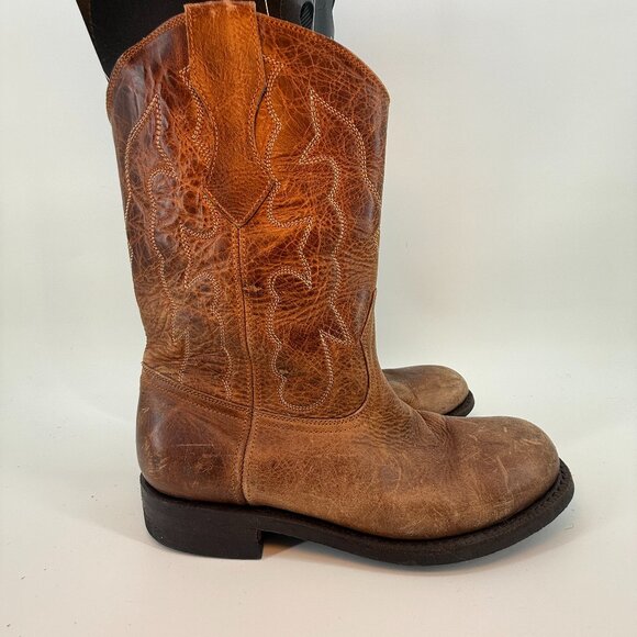 Old West Tan Brown Leather Round Toe Cowboy Boots Womens Size 10 Mens 8 Mid Calf - Picture 1 of 12